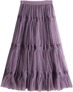Autumn Winter Fashion Sweet Tulle Skirt Womens Cute A-Line Mesh Skirts Female Midi Long Pleated Skirt