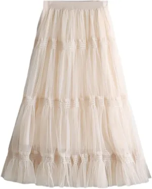 Autumn Winter Fashion Sweet Tulle Skirt Womens Cute A-Line Mesh Skirts Female Midi Long Pleated Skirt