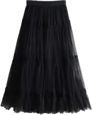 Autumn Winter Fashion Sweet Tulle Skirt Womens Cute A-Line Mesh Skirts Female Midi Long Pleated Skirt
