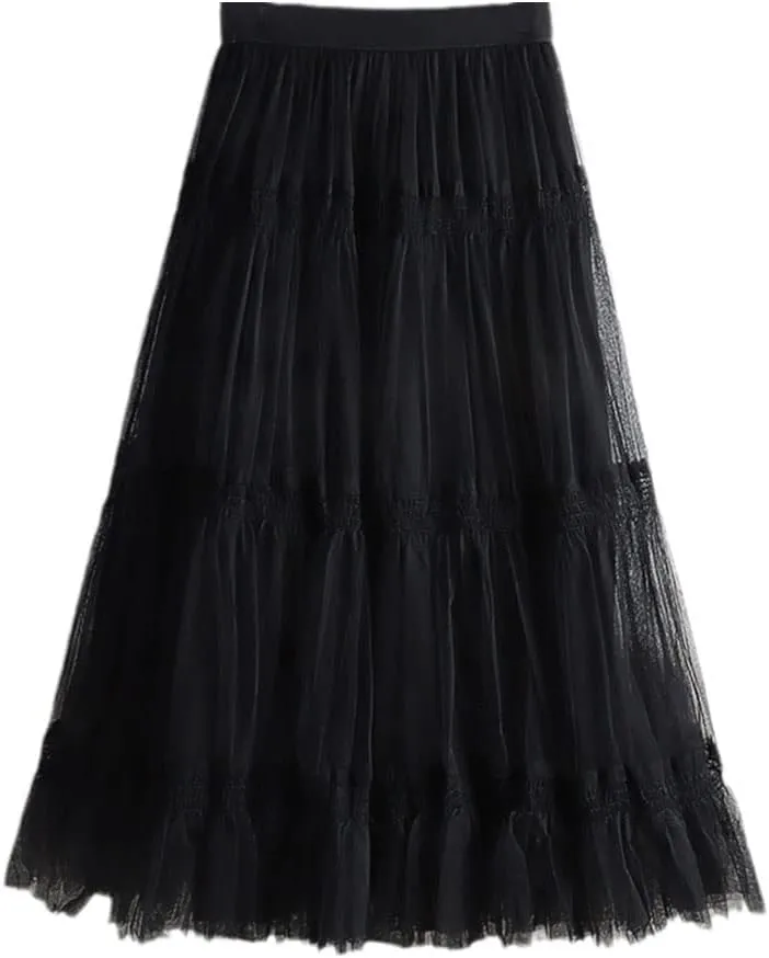 Autumn Winter Fashion Sweet Tulle Skirt Womens Cute A-Line Mesh Skirts Female Midi Long Pleated Skirt
