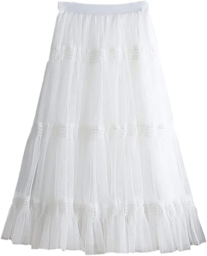 Autumn Winter Fashion Sweet Tulle Skirt Womens Cute A-Line Mesh Skirts Female Midi Long Pleated Skirt