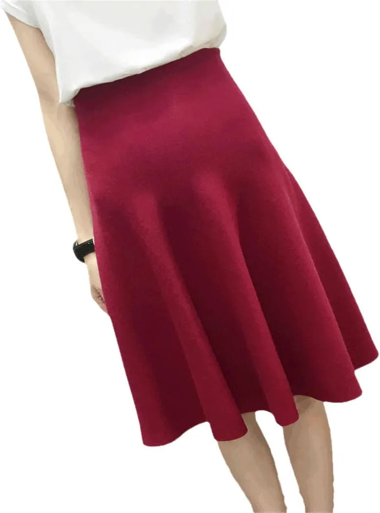Autumn Winter Knitted Skirt Women Midi High Waist A Line Knit Skirts One-Pieces Seamles Pleated Skirt