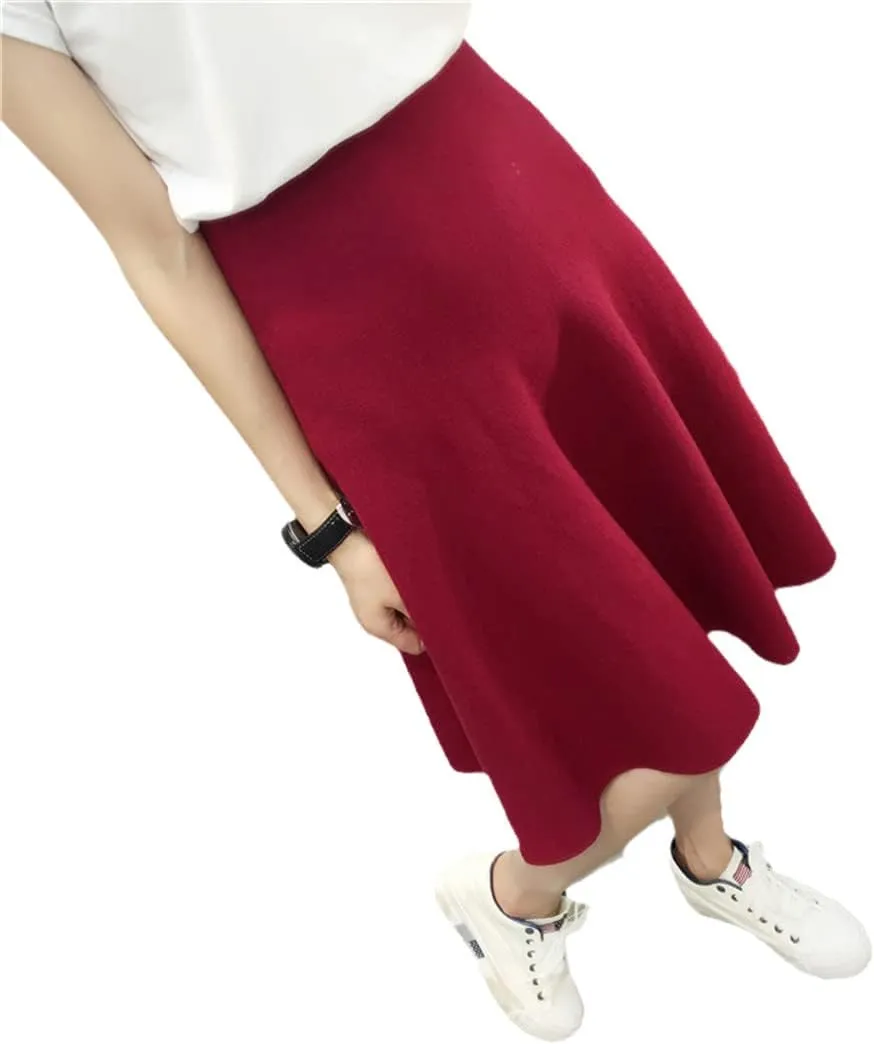 Autumn Winter Knitted Skirt Women Midi High Waist A Line Knit Skirts One-Pieces Seamles Pleated Skirt