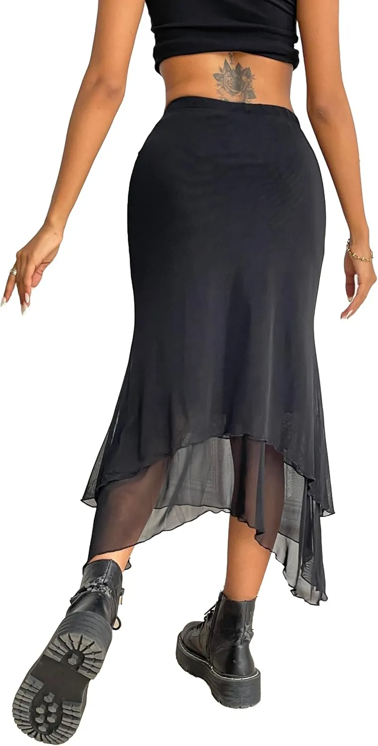 Avanova Women Mesh Asymmetrical Mermaid Midi Skirt High Waist Fishtail Long Skirt