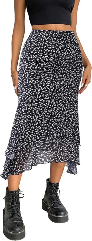 Avanova Women Mesh Asymmetrical Mermaid Midi Skirt High Waist Fishtail Long Skirt