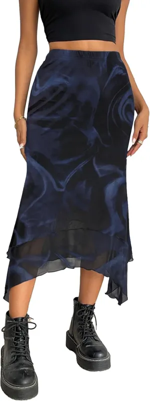 Avanova Women Mesh Asymmetrical Mermaid Midi Skirt High Waist Fishtail Long Skirt