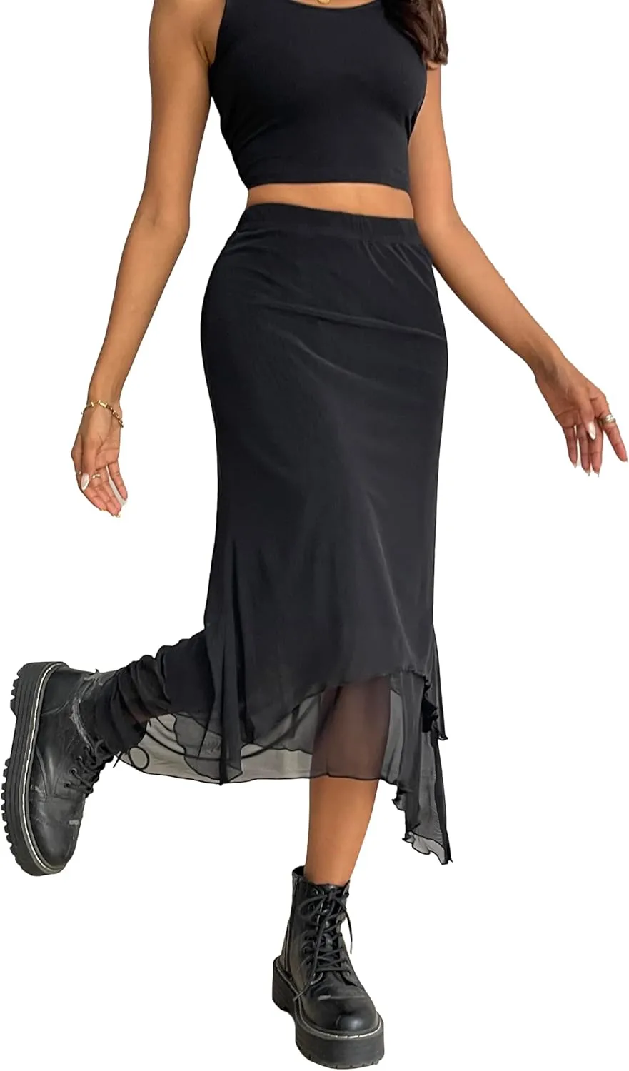 Avanova Women Mesh Asymmetrical Mermaid Midi Skirt High Waist Fishtail Long Skirt