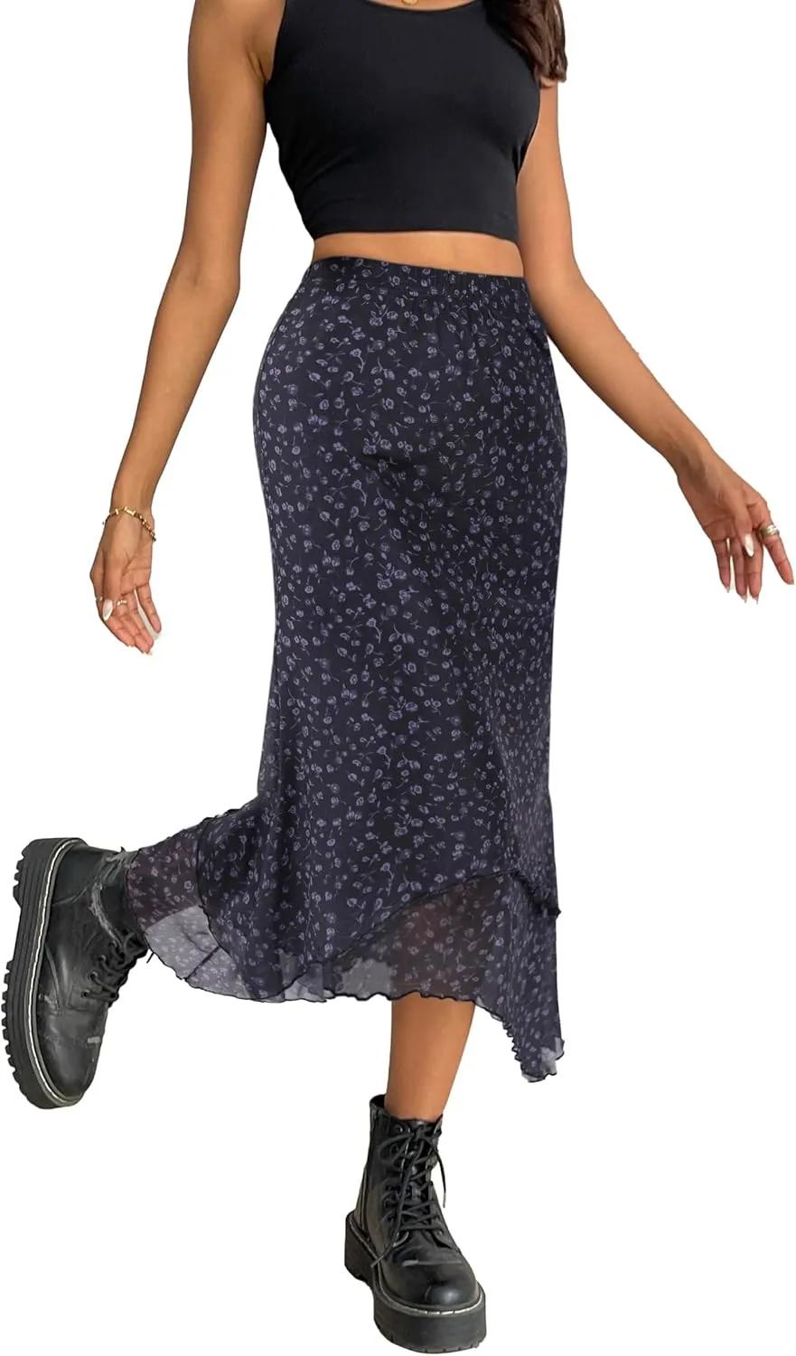 Avanova Women Mesh Asymmetrical Mermaid Midi Skirt High Waist Fishtail Long Skirt