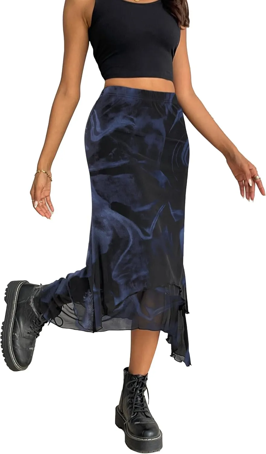Avanova Women Mesh Asymmetrical Mermaid Midi Skirt High Waist Fishtail Long Skirt