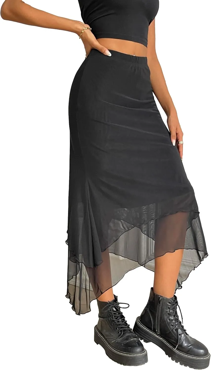 Avanova Women Mesh Asymmetrical Mermaid Midi Skirt High Waist Fishtail Long Skirt
