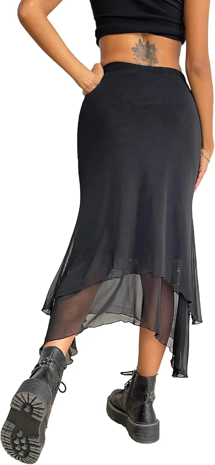 Avanova Women Mesh Asymmetrical Mermaid Midi Skirt High Waist Fishtail Long Skirt