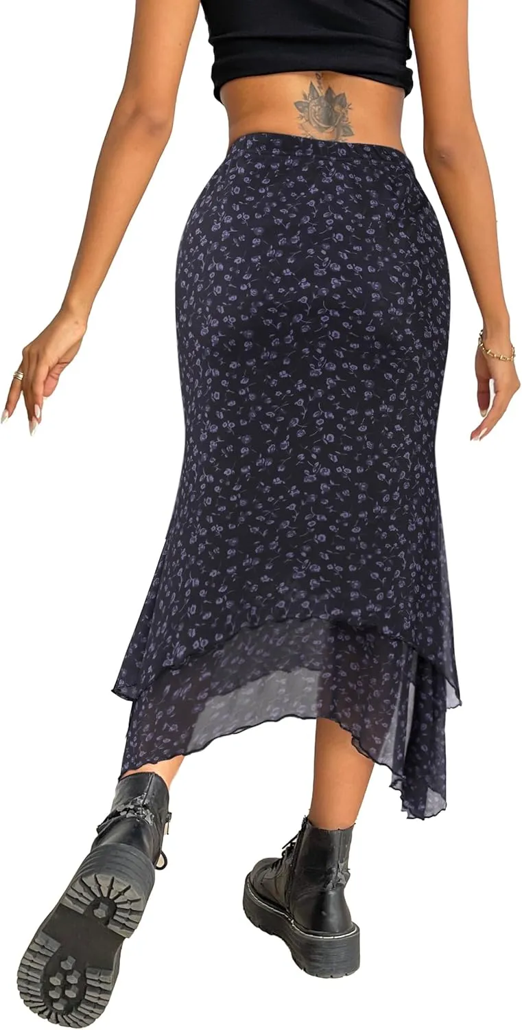 Avanova Women Mesh Asymmetrical Mermaid Midi Skirt High Waist Fishtail Long Skirt