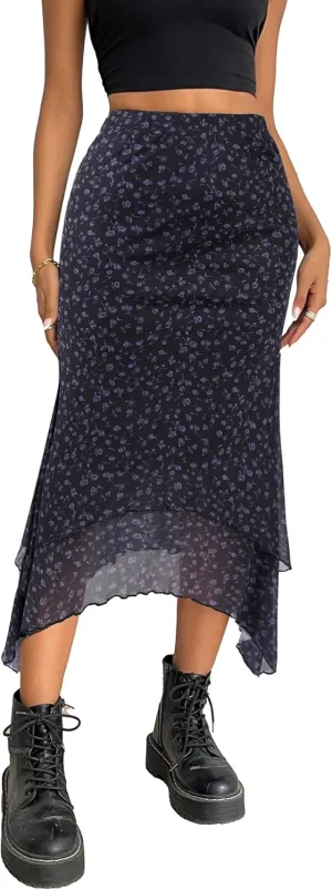 Avanova Women Mesh Asymmetrical Mermaid Midi Skirt High Waist Fishtail Long Skirt