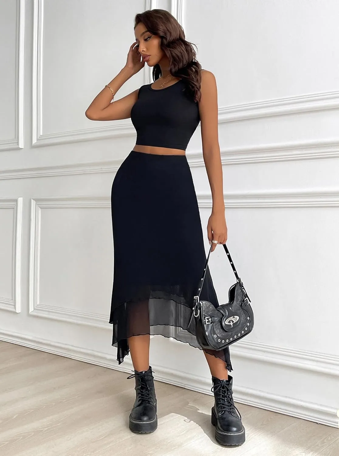Avanova Women Mesh Asymmetrical Mermaid Midi Skirt High Waist Fishtail Long Skirt