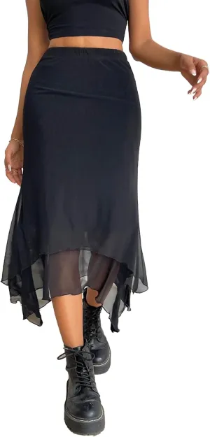 Avanova Women Mesh Asymmetrical Mermaid Midi Skirt High Waist Fishtail Long Skirt