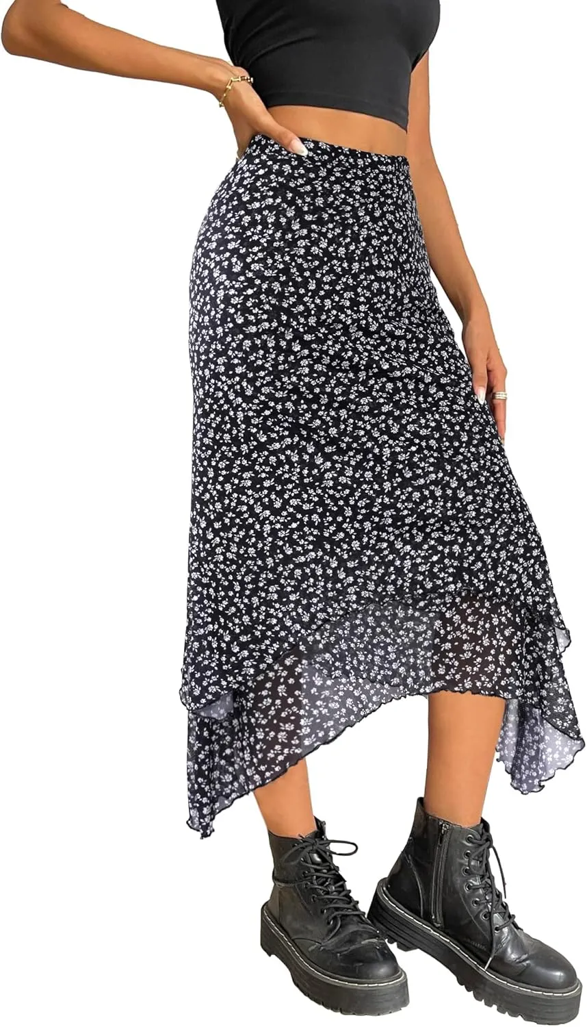 Avanova Women Mesh Asymmetrical Mermaid Midi Skirt High Waist Fishtail Long Skirt