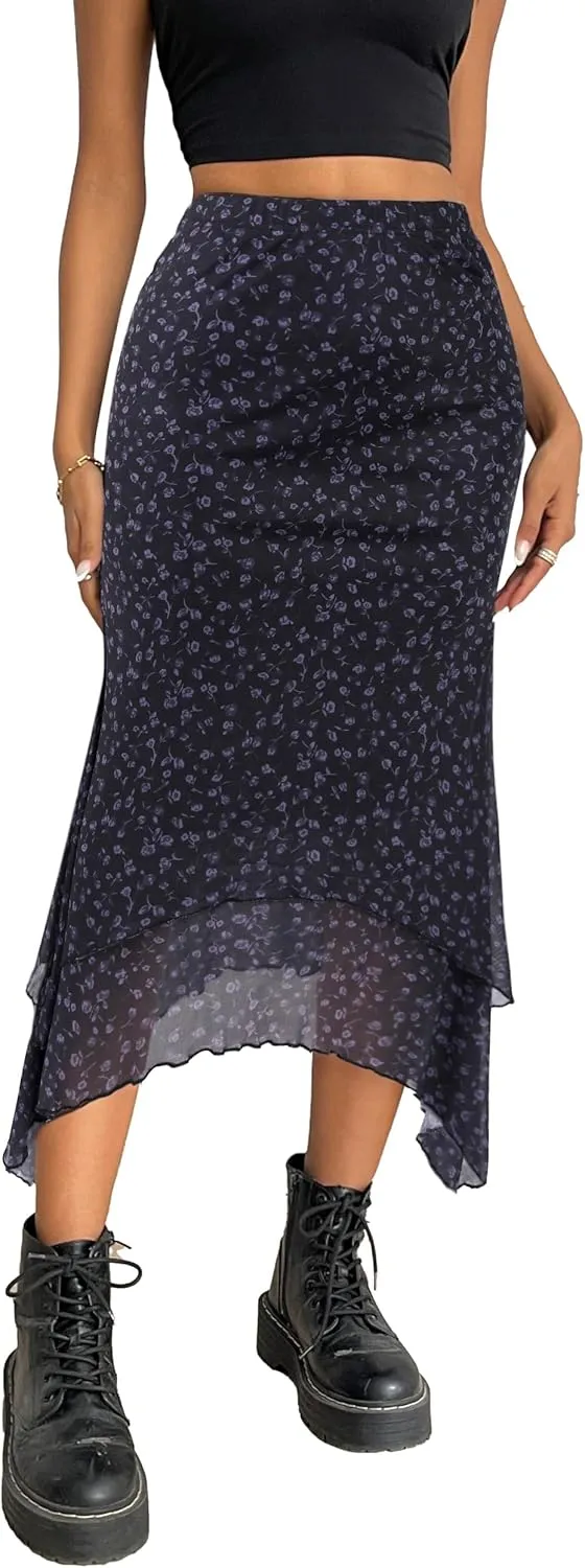 Avanova Women Mesh Asymmetrical Mermaid Midi Skirt High Waist Fishtail Long Skirt