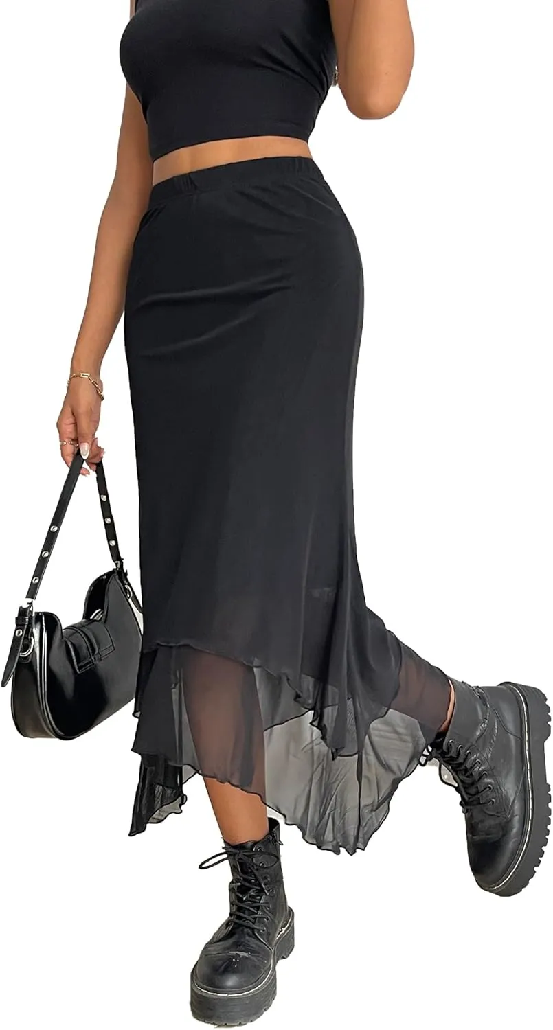 Avanova Women Mesh Asymmetrical Mermaid Midi Skirt High Waist Fishtail Long Skirt