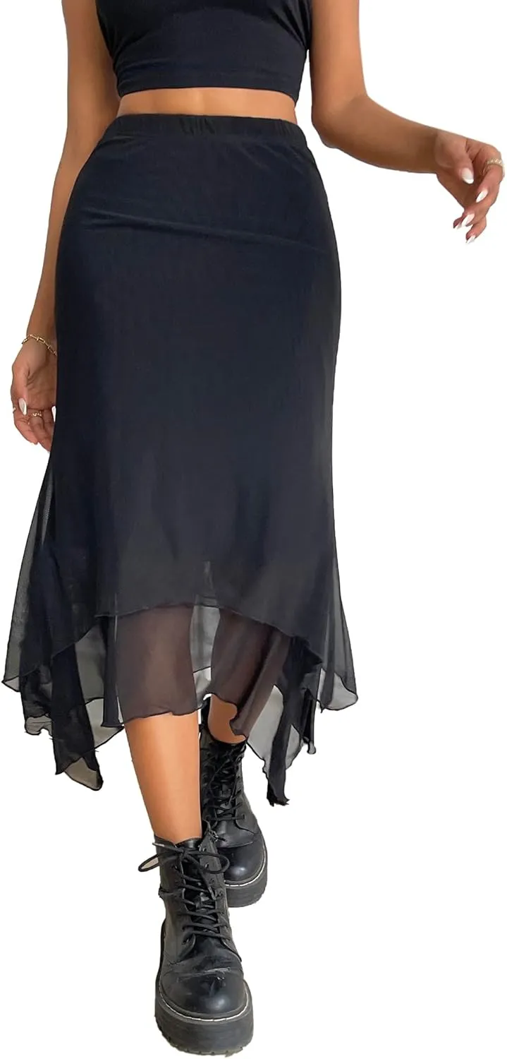 Avanova Women Mesh Asymmetrical Mermaid Midi Skirt High Waist Fishtail Long Skirt
