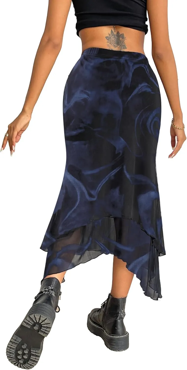 Avanova Women Mesh Asymmetrical Mermaid Midi Skirt High Waist Fishtail Long Skirt