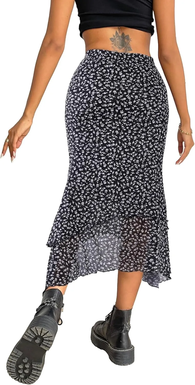 Avanova Women Mesh Asymmetrical Mermaid Midi Skirt High Waist Fishtail Long Skirt
