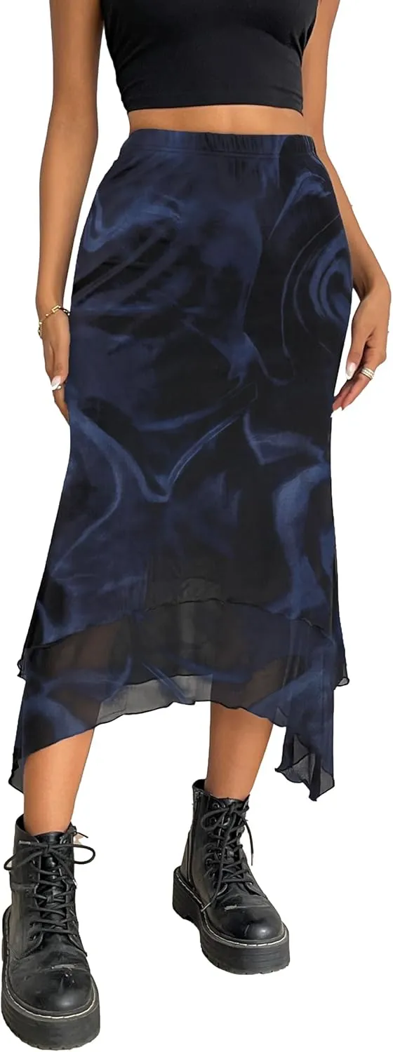 Avanova Women Mesh Asymmetrical Mermaid Midi Skirt High Waist Fishtail Long Skirt
