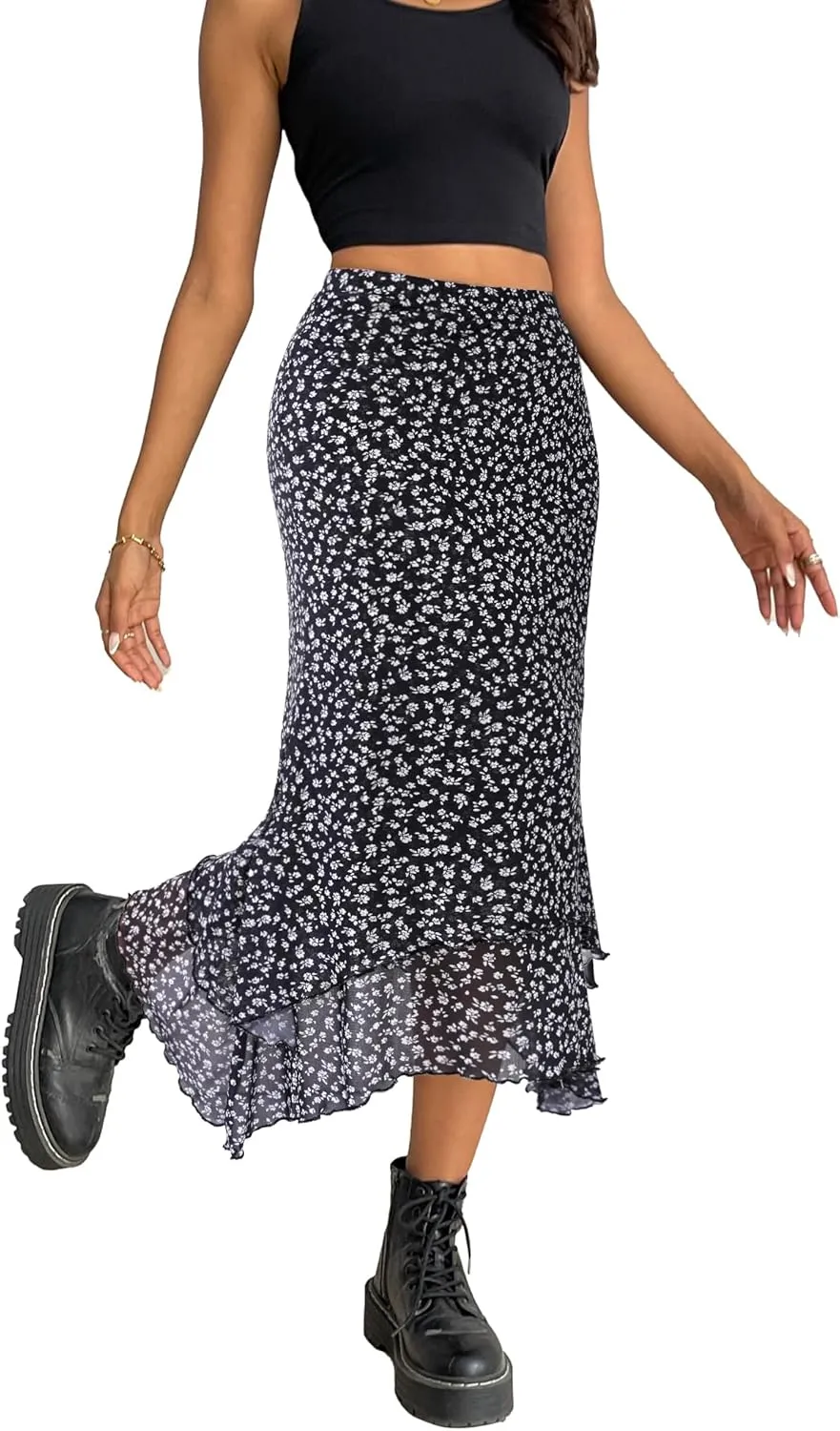 Avanova Women Mesh Asymmetrical Mermaid Midi Skirt High Waist Fishtail Long Skirt
