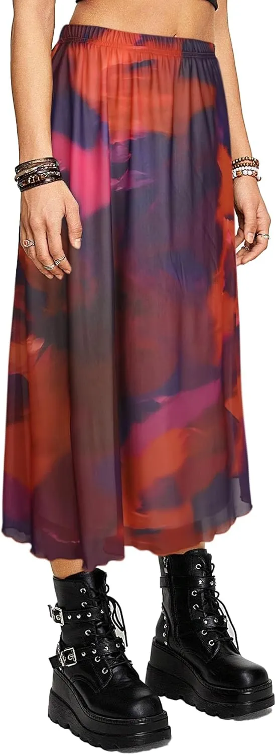 Avanova Women Mesh High Waist A Line Midi Skirt Swing Flared Long Skirts