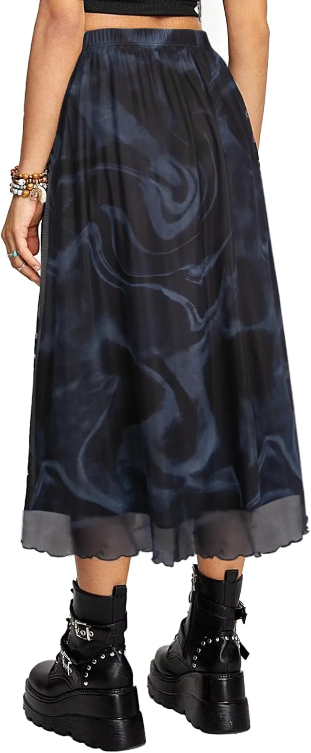 Avanova Women Mesh High Waist A Line Midi Skirt Swing Flared Long Skirts