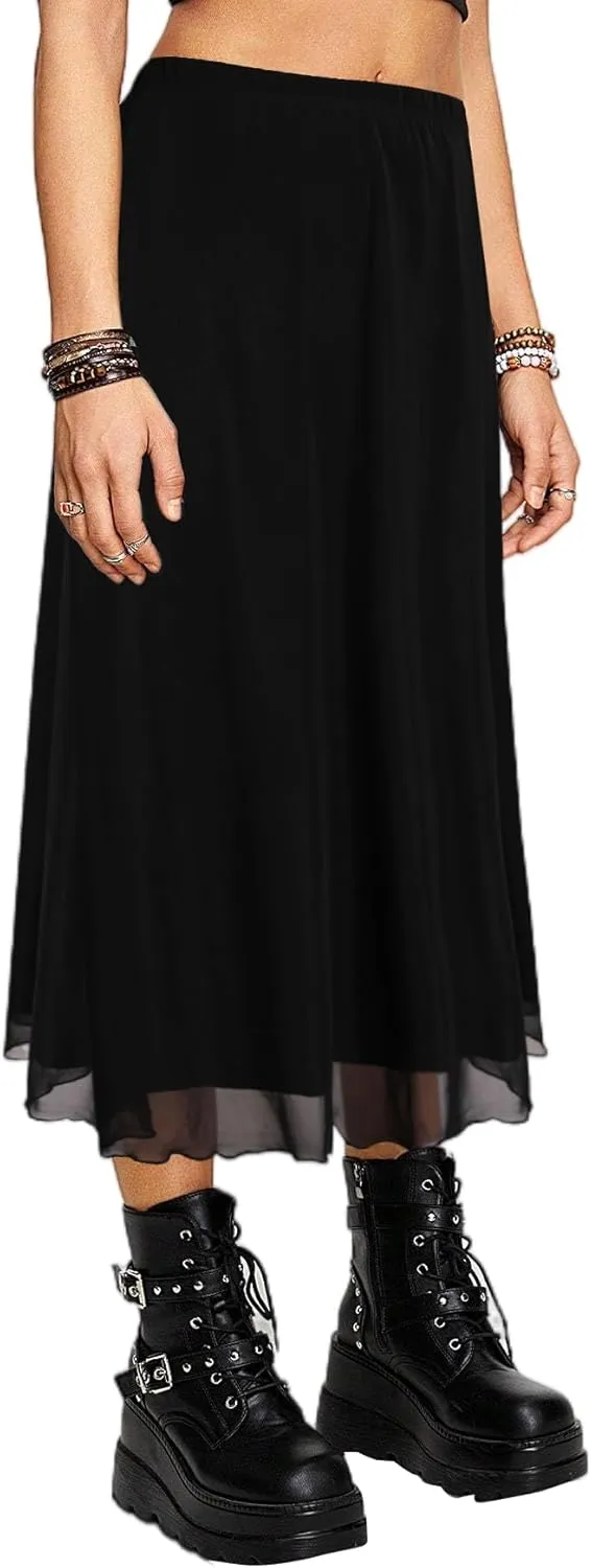 Avanova Women Mesh High Waist A Line Midi Skirt Swing Flared Long Skirts