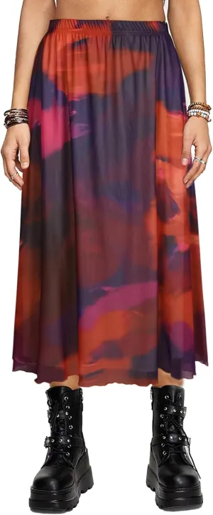 Avanova Women Mesh High Waist A Line Midi Skirt Swing Flared Long Skirts