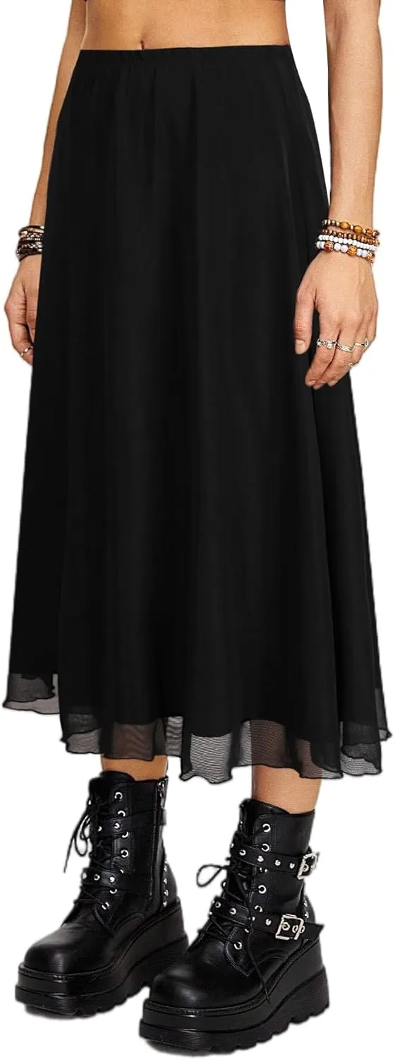 Avanova Women Mesh High Waist A Line Midi Skirt Swing Flared Long Skirts