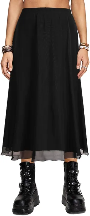 Avanova Women Mesh High Waist A Line Midi Skirt Swing Flared Long Skirts