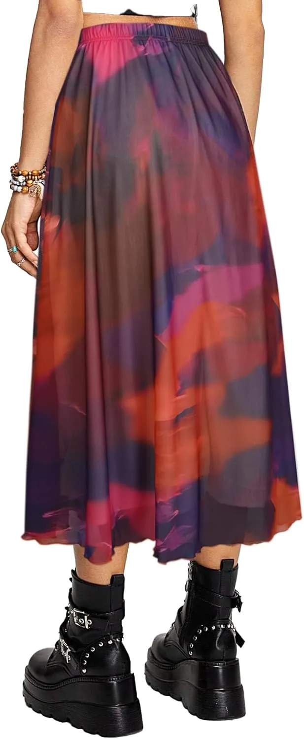 Avanova Women Mesh High Waist A Line Midi Skirt Swing Flared Long Skirts