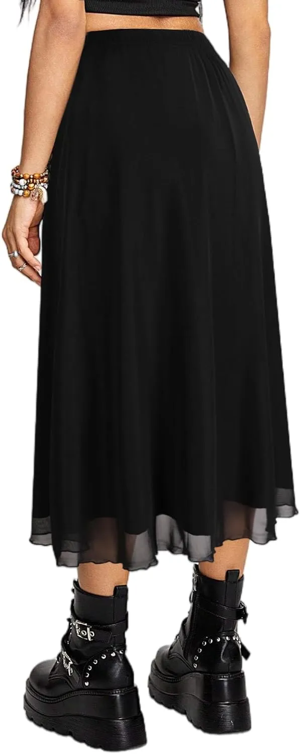 Avanova Women Mesh High Waist A Line Midi Skirt Swing Flared Long Skirts