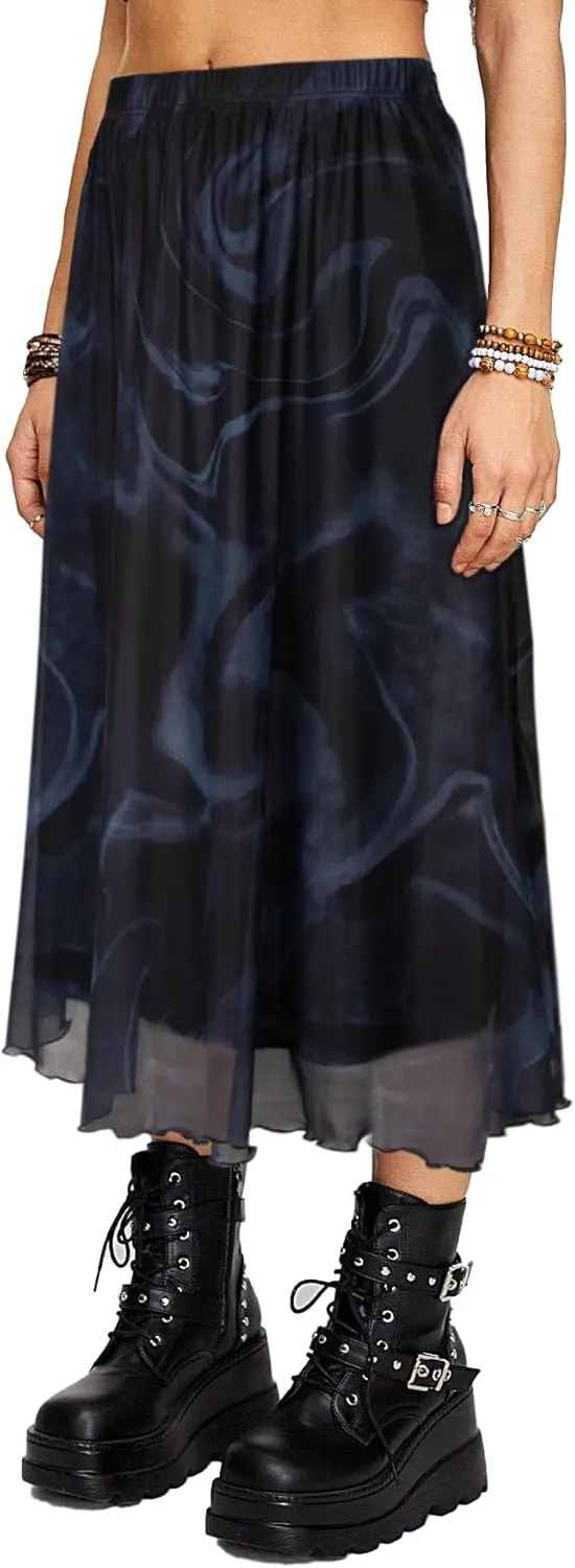Avanova Women Mesh High Waist A Line Midi Skirt Swing Flared Long Skirts