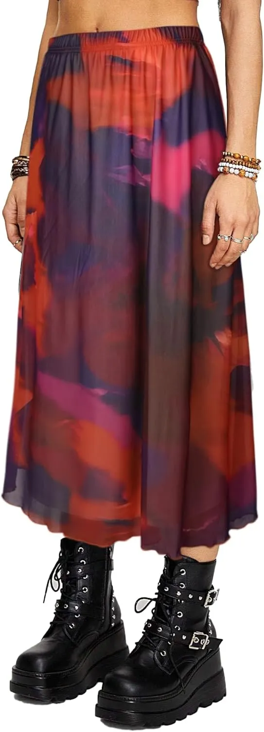 Avanova Women Mesh High Waist A Line Midi Skirt Swing Flared Long Skirts