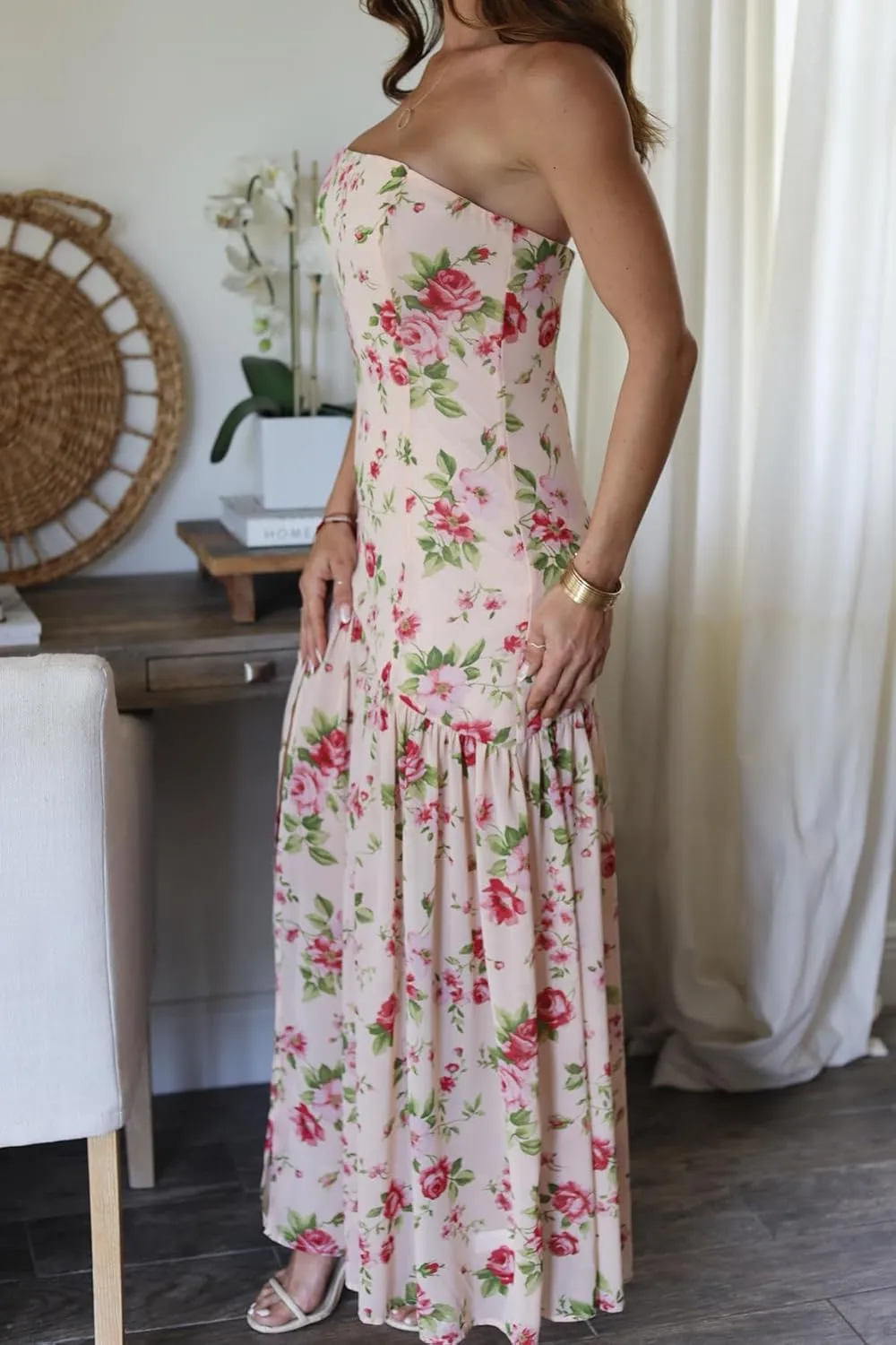 Awoscut Women's Rose Strapless Maxi Dress Sheer Pleated Slit Skirt Long Dresses Going Out Wedding Guest Dress