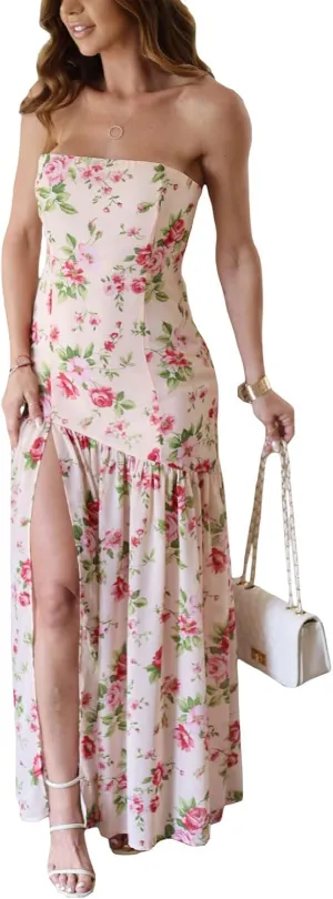 Awoscut Women's Rose Strapless Maxi Dress Sheer Pleated Slit Skirt Long Dresses Going Out Wedding Guest Dress