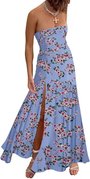 Awoscut Women's Rose Strapless Maxi Dress Sheer Pleated Slit Skirt Long Dresses Going Out Wedding Guest Dress