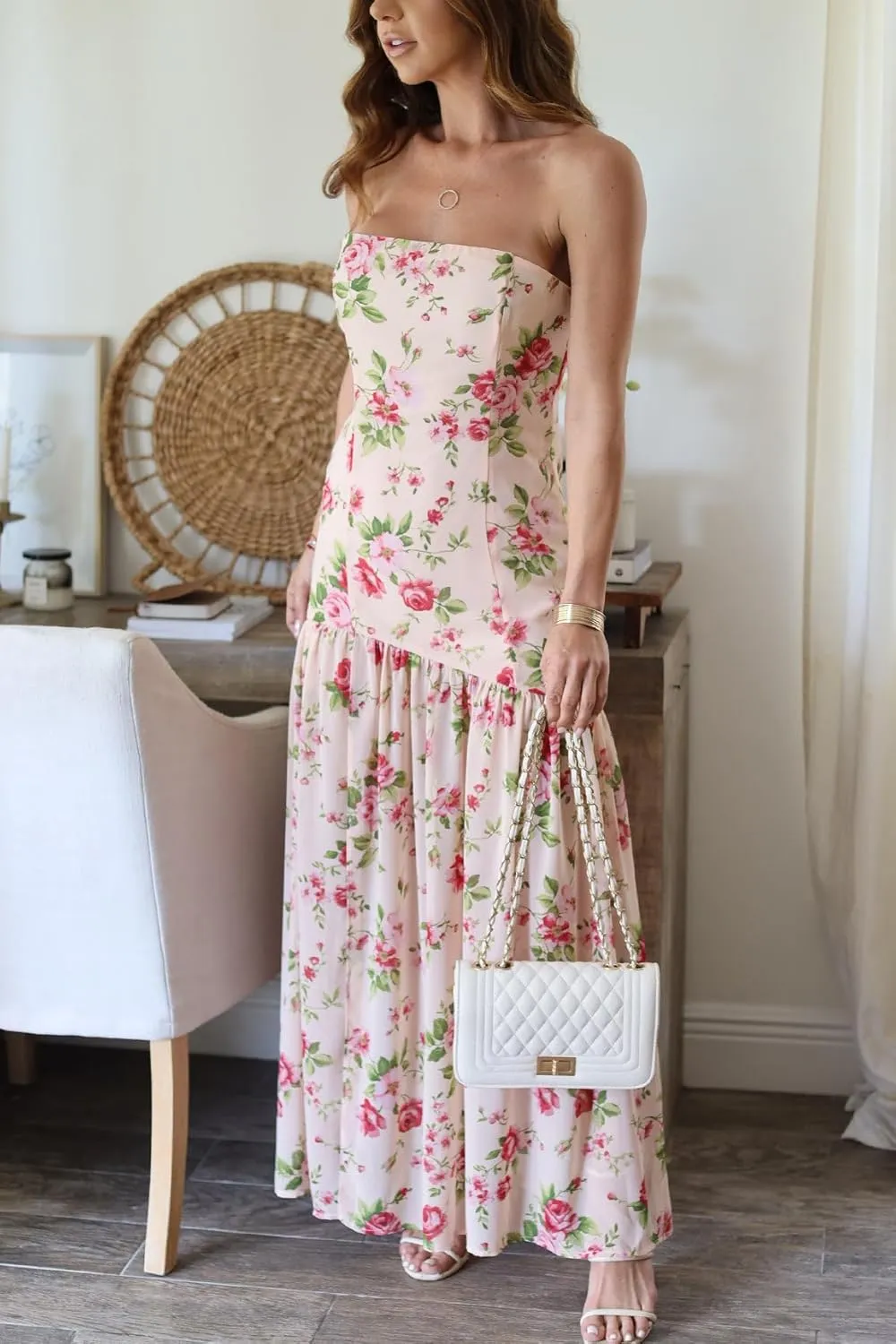 Awoscut Women's Rose Strapless Maxi Dress Sheer Pleated Slit Skirt Long Dresses Going Out Wedding Guest Dress