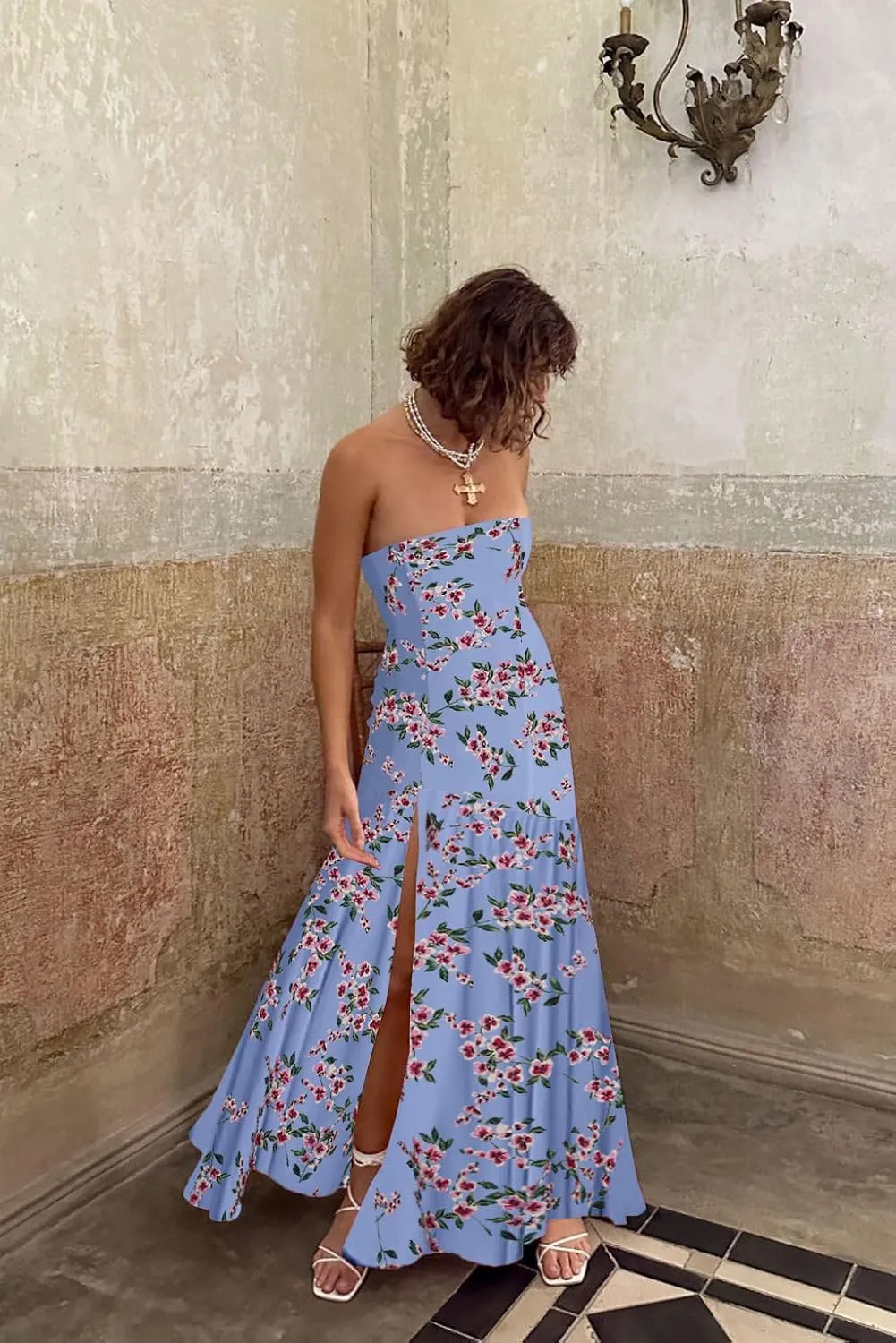 Awoscut Women's Rose Strapless Maxi Dress Sheer Pleated Slit Skirt Long Dresses Going Out Wedding Guest Dress