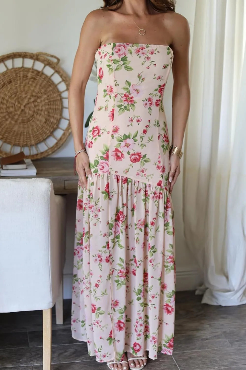 Awoscut Women's Rose Strapless Maxi Dress Sheer Pleated Slit Skirt Long Dresses Going Out Wedding Guest Dress