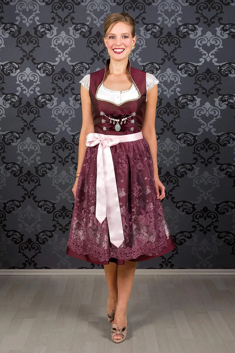 Bavarian Women's Designer Midi Dirndl Stella Dress 2-Pieces   Apron Size US2-US24