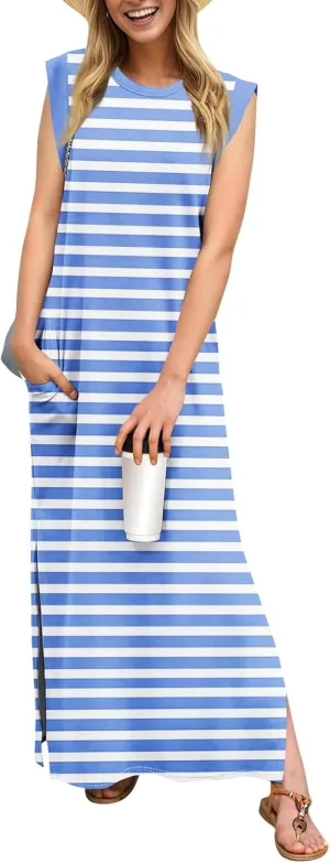 Beach Vacation Clothes for Women 2025 Summer Round Neck Casual Loose Striped Wrinkle-Free Long Maxi Beach Dress