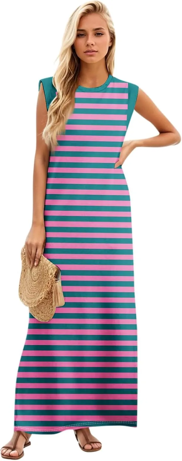Beach Vacation Clothes for Women 2025 Summer Round Neck Casual Loose Striped Wrinkle-Free Long Maxi Beach Dress