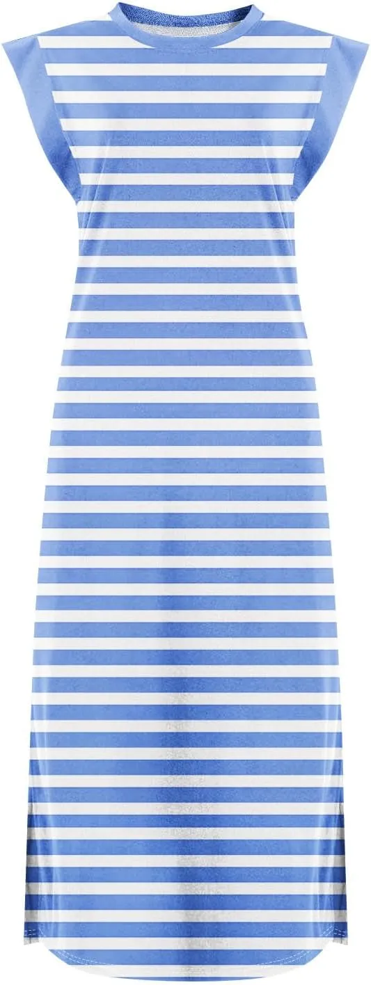 Beach Vacation Clothes for Women 2025 Summer Round Neck Casual Loose Striped Wrinkle-Free Long Maxi Beach Dress