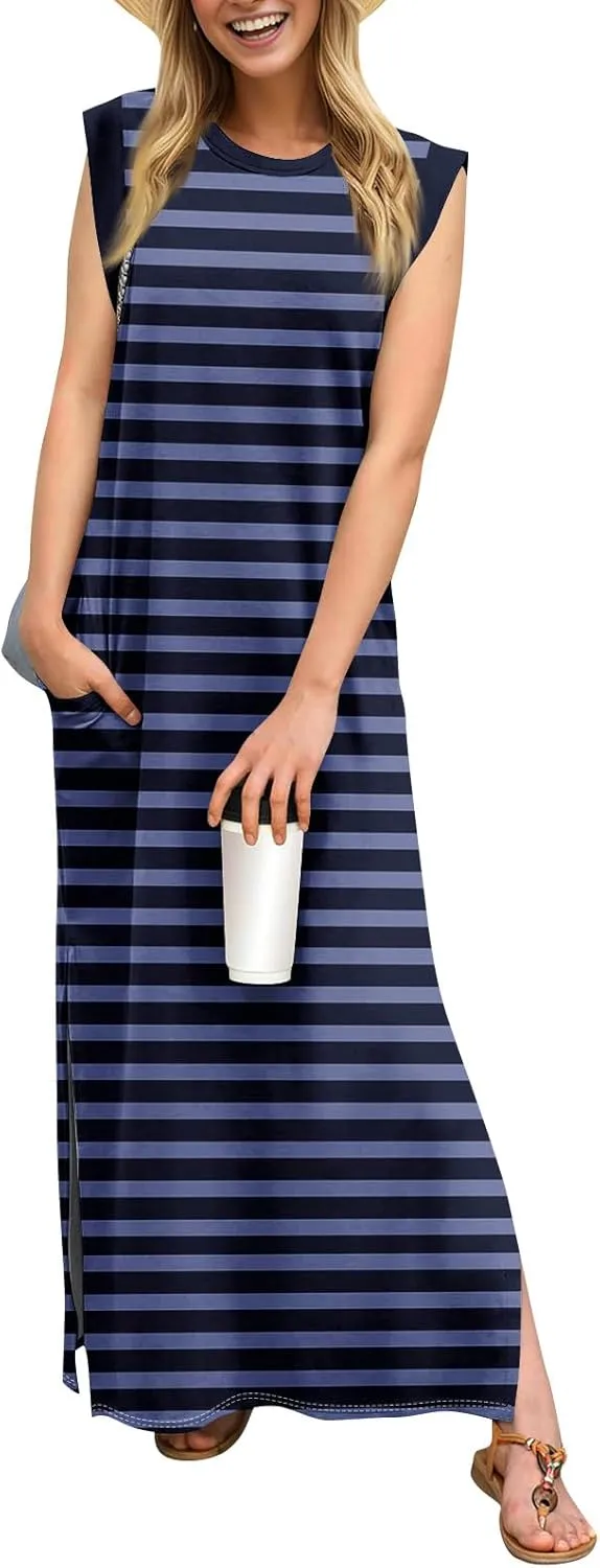 Beach Vacation Clothes for Women 2025 Summer Round Neck Casual Loose Striped Wrinkle-Free Long Maxi Beach Dress