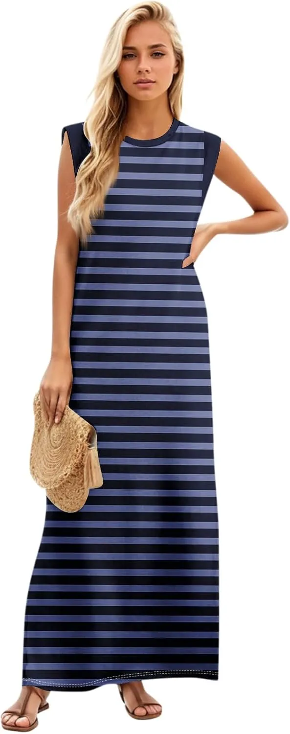 Beach Vacation Clothes for Women 2025 Summer Round Neck Casual Loose Striped Wrinkle-Free Long Maxi Beach Dress