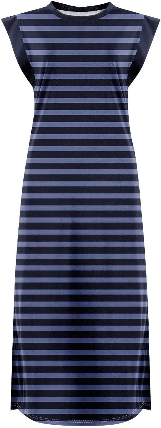 Beach Vacation Clothes for Women 2025 Summer Round Neck Casual Loose Striped Wrinkle-Free Long Maxi Beach Dress